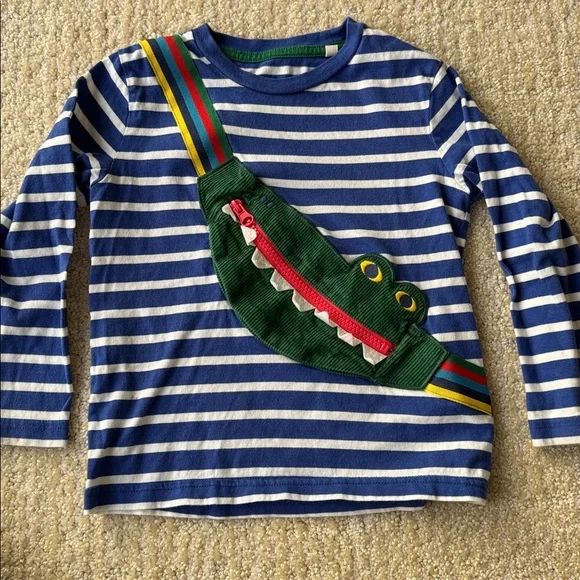 Mini Boden Blue Striped Shirt with Green Crocodile Accent - Picture 3 of 8